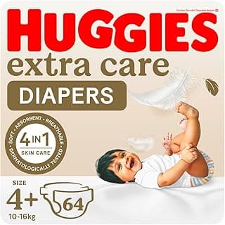 Huggies, Extra Care Baby Diapers, Size 4+ (10-16 kg), Jumbo Pack of 64 Diapers, Soft Pillows Absorb in Seconds, Absorbent Channels and Stretchy Waistband, 12h Day & Night Protection
