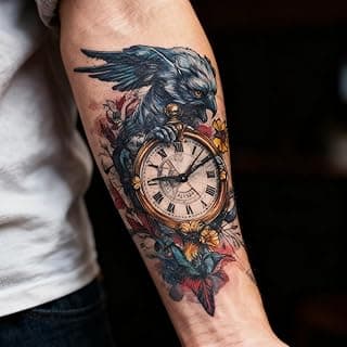 Red Blue Trendy Cool Aggressive Half Arm Eagle Pocket Watch Large Flower Arm Chest Abdominal Back Leg Body Armband Tattoo Tattoo Temporary Waterproof Tattoo Sticker 1 Pack