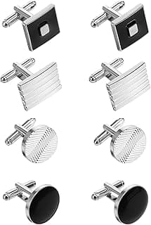 KASTWAVE 4 Pairs Men’s Cufflinks Set, Gold & Silver Striped, Disc, Square, and Rectangle Designs, Fashionable for Business, Weddings, and Special Events Gift (Silvery)