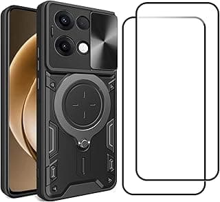 Case Compatible with Oneplus 15 5G,1 Case & 2 Tempered Glass Screen Protector, 360° Ring Kickstand and Sliding Camera Cover with Kickstand,Drop Proof,Heavy Duty Protective (Black)