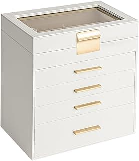 Somduy Somduy Jewelry Box, 5 Layers Jewelry Storage Display Box with Glass Lid for Women, 4 Drawers,Large Capacity for Necklace Earrings Bracelets Rings,White