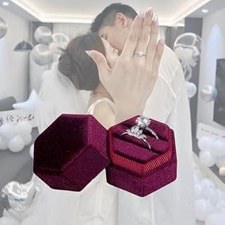 Velvet Jewelry Ring Box, Hexagon Premium Gorgeous Vintage Double Ring Gift Box with Detachable Lid for Proposal Engagement Wedding Ceremony