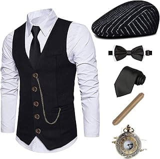 EFORLED EFORLED 1920s Mens Costume Fedora Hat,Gatsby Gangster Vest,Vintage Pocket Watch,Pre Tied Bow Tie,Tie, Black, L