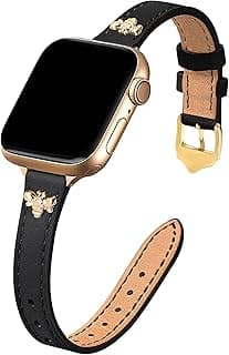 JR.DM JR.DM Elegant Slim Leather-Bands Compatible with Apple Watch Band 38mm 40mm 41mm 42mm 44mm 45mm 49mm, Designer Top Grain Black Leather Watch Band with Charms, Feminine Design for Ultra SE & Series 8 7