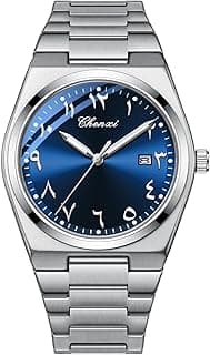 MASTOP Arabic Dial Men's Quartz Watch Silver Stainless Steel Luminous Waterproof Business Casual Wristwatch with Date Display