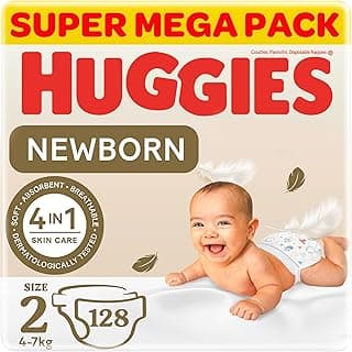 Huggies, Extra Care Newborn Diapers, Size 2 (4-7 kg), Twin Jumbo Pack of 128 Diapers, Dual Zone Technology for Delicate Skin, Wetness Indicator, Day & Night Protection