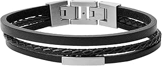 Fossil Men's Casual Stainless Steel and Genuine Leather Bracelet, Stainless Steel Leather
