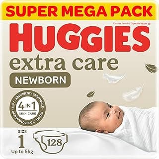 Huggies, Extra Care Newborn Diapers, Size 1 (Up to 5 kg), Twin Jumbo Pack of 128 Diapers, Dual Zone Technology for Delicate Skin, Wetness Indicator, Day & Night Protection