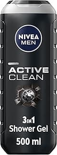 NIVEA MEN Active Clean 3in1 Shower Gel, Cleans Body, Face and Hair, with Active Charcoal, for Purified and Stimulating Skin, for All Skin Types, 500ml