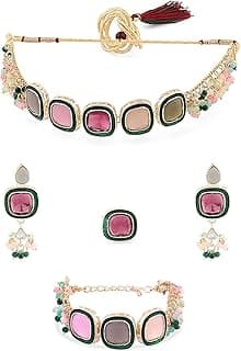 ZAVERI PEARLS Multi Colour Multistrand Beaded Cluster Choker Necklace Earring Ring & Bracelet Set For Women-ZPFK16867