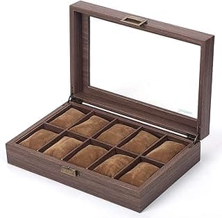 JUNCAN Juncan Watch Box Organizer with Glass Top Display Case, Wood-Grain Box Case for Men Women (10-Slot)