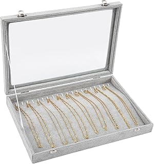 NIUB Jewelry Necklace Organizer Box with Clear Lid Velvet Tray for Jewelry Storage Display Case, 20 Hooks Glass Top Drawer Insert Necklaces Pendants Dustproof Necklace Jewelry Box Organizer & Tray (Grey)