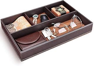 Excefore Faux Leather Valet Tray, Stackable Jewelry Organizer for Drawer Inserts, Nightstand Caddy for Keys, Wallet, Sunglasses, Watch, Coins, Phone, Bedside Desktop Storage, Brown