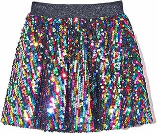 WELAKEN Sequin Skirt for Girls Kids Elastic Waist A-Line Sparlky Mini Skirt with Lining