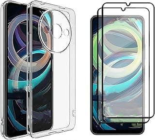 PUCHEN (1+2pcs) Case Compatible with Xiaomi Redmi A3 Case Cover & (2Pcs) Screen Protector Tempered Glass Protector Soft TPU Transparent Cover (Clear) (Black)