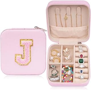 Jewelry Travel Case Small Organizer Stocking Box Teenage Jewelry Accessories Personalized Gifts Holiday Christmas Gift for Women Pink, Letter J