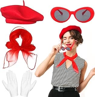 KASTWAVE KASTWAVE French Women Fancy Dress Costume Accessories Set, 4 Pcs with Red Beret Scarf Sunglasses Gloves, 1950s Retro Costume Accessories Set for Women Girls Cosplay Party Supplies School Dress Up Day