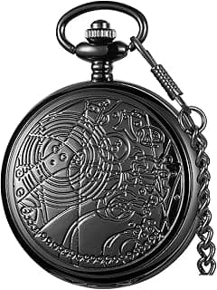TERRIFI Quartz Pocket Watch for Men ,Arabic Numerals, Day & Date Display, Detachable Chain, Classic Vintage Style Timepiece for Wedding, Graduation, Christmas or Birthday Gifts (Black)