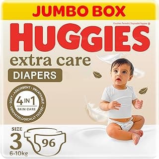 Huggies, Extra Care Baby Diapers, Size 3 (5-9 kg), Jumbo Box of 96 Diapers, Soft Pillows Absorb in Seconds, Absorbent Channels and Stretchy Waistband, 12h Day & Night Protection
