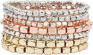 Rosemarie Collections Rosemarie Collections Women's Fashion Jewelry Statement Gold & Silver Stretch Layering Beaded Bracelets - Chunky Nugget Multi Strand Thick Wrist Bangles - Set of 7