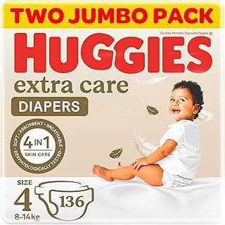 Huggies, Extra Care Baby Diapers, Size 4 (8 - 14 kg), Twin Jumbo Pack of 136 Diapers, Soft Pillows Absorb in Seconds, Absorbent Channels and Stretchy Waistband, 12h Day & Night Protection