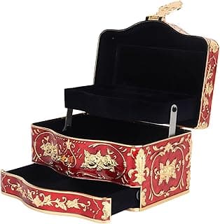 Generic Vintage Jewelry Box, Retro 3 Layer Zinc Alloy Metal Keepsake Storage Box with Floral Engraving and Mirror for Rings Earrings Necklaces 7.09x5.12x4.13in (Gold Red Trim)