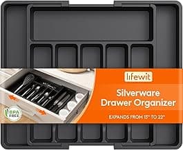 Lifewit Cutlery Drawer Organiser, Large Expandable to 57cm Utensil Tray for Kitchen, Adjustable Silverware and Flatware Holder, Compact Plastic Storage for Spoons Forks Knives, Black