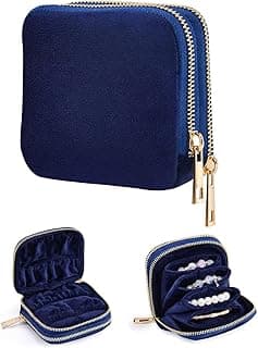 Double Layer Travel Jewelry Case, Navy Blue Velvet, Dual-Zipper Organizer with 7 Small Grids and 4 Compartments for Rings, Earrings, Bracelets