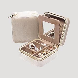 Plush Velvet Jewelry Box | Travel Jewelry Case Organizer with Mirror | Elegant Travel Jewelry Organizer for Women, good Gift for Her (Daughter, Girlfriend, Mom) Milk coffee