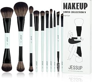 Jessup Makeup Brushes Set 10pcs, Double Sided Foundation Contour Blush Highlight Blending Eyebrow Brush Eyeshadow Eyeliner Concealer Brush, Bright Cyan Cruelty Free Cosmetic Tools T500