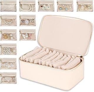 Trezalmyx Trezalmyx Travel Big Jewelry Case, PU Leather 12 zipper velvet bags for Women Girl, Valentine's Day Gift, Marriage, Brithday Gift (Creamy White)