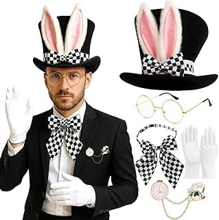KASTWAVE 5PCS Top Hat Costume Set, Mad Hatter White Rabbit Costume Set for Halloween, Cosplay Accessories with Bunny Top Hat, Bow Tie, Gloves, Glasses & Jewelry for Adults, Fancy Dress Party Props
