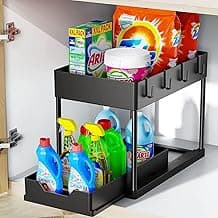 2 Tier Under Cabinet Sliding Basket Organizer, Multi-Purpose Storage Shelf for Kitchen, Bathroom, Office - Black Under Sink Organizer