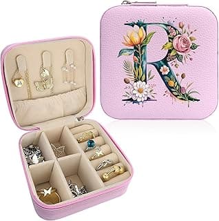 Monogram Jewelry Box Portable Print Jewelry Box, 1pcs Pink Compact Jewelry Box Travel Jewelry Case Travel Case Organizer Bag Storage Box Jewelry Holder For Necklace Earrings Rings Bracelet (Letter R)