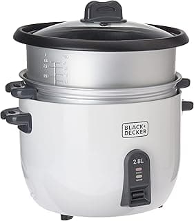 BLACK+DECKER Rice Cooker, 1100W, 2.8L, Nonstick Removable Bowl, Steaming Tray, Auto-Warm Function, Glass Lid, Cool-Touch Handles, Water Level Indicator, Easy Operation, White - RC2850-B5