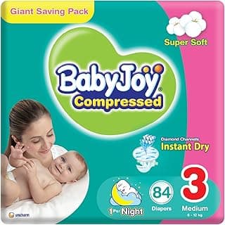 BabyJoy Compressed Diamond Pad, Size 3, Medium, 6-12 kg, Giant Pack, 84 Diapers