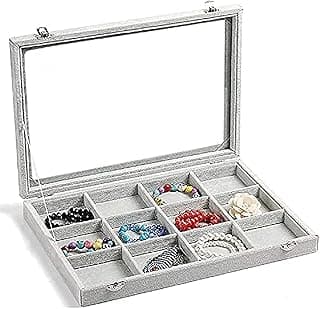 PADOM Padom Jewelry Tray, Multi-Functional Jewelry Organizer with Lid & Lock for Ring, Earring, Stud, Necklace, Bracelet, Watch, Soft ice Velvet Jewelry Showcase Display Tray (12 Grid)