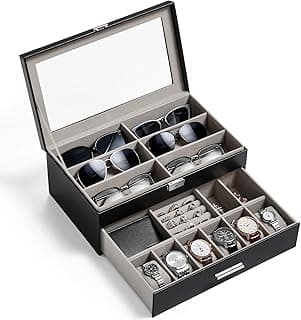 Lifewit Lifewit 2- layer Sunglasses Organizer with Glass Lid, 6 Slots eyeswear Holder, 6 Slots Watch box, Spaces for Rings, Brooch, Tie Clip, Multiple Eyeglasses Display Case for Men, Gift Idea, Inky Black