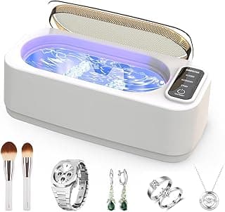 AccLoo Jewelry Cleaner, Professional 47KHz Ultrasonic Jewelry Cleaner Machine for Dentures, Mouth Guard, Aligner, Braces, Jewelry, 4 Modes with 350ML Capacity