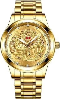 KASTWAVE Men's Stainless Steel Quartz Wristwatch with Engraved Dragon Dial, Analog Display, Luminous Hands, Stylish and Durable Timepiece for Everyday Wear