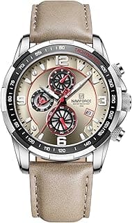 Naviforce Men's Quartz Analogue Sports Watch with Chronograph and Leather Strap, Silver + Grey, Sport
