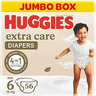 Huggies, Extra Care Baby Diapers, Size 6 (15+ kg), Jumbo Box of 42 Diapers, Soft Pillows Absorb in Seconds, Absorbent Channels and Stretchy Waistband, 12h Day & Night Protection