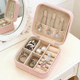 Light Pink Travel Jewelry Box Cross Grain Organizer for Rings Earrings Necklaces Portable Storage Case Women (Pack of 1)