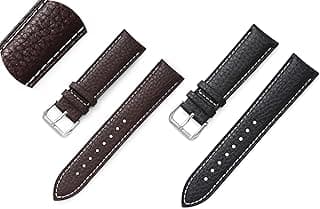 2 Pack Genuine Leather Watch Bands, Litchi Grain Textured Pin Buckle Straps, Soft Waterproof Cowhide Replacement Wristbands, Black and Brown, أحزمة ساعة جلد طبيعي