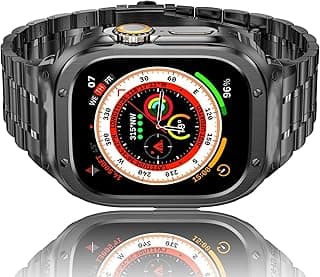 Amznew HASLFM Apple Watch Band with Case Compatible for iWatch Series Ultra(49mm) 8/7(45mm/41mm) 6/5/4/SE(44mm/40mm) 3/2/1(42mm/38mm), Stainless Steel iWatch Bands and Metal Bumper Cover for Men