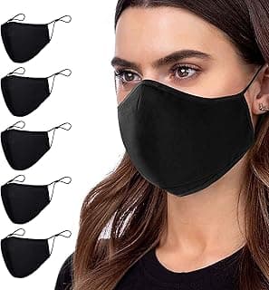 Aonsen 5 PCS Protective Covers with Two Adjustable Elastic Loops, Unisex Small Face Masks, Fabric M Cotton Reusable with Nose Curved, Black Dust-proof Protective Cloth, Reusable Face Mask for Men and Women