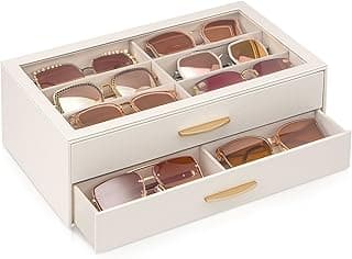 Lolalet Women’s Sunglasses Box Organizer, Eyewear Glasses Display Holder with Jewelry Watch Sunglasses Drawer Collection Case with Glass Lid