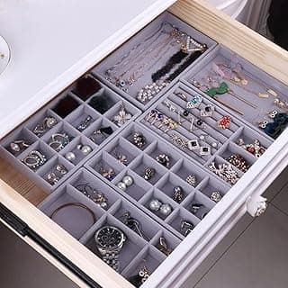 Joyzzz Joyzzz Stackable Jewelry Organizer Trays, Set of 6 Velvet Jewelry Display Storage Box with Removable Dividers, Dresser Drawer Organizer for Earring Necklace Ring