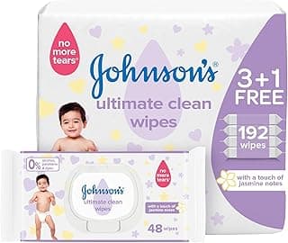 Johnson's Ultimate Clean Baby Wipes, No More Tears, with a Touch of Jasmine Notes, Alcohol, Paraben and Dye Free, Hypoallergenic, pH Balanced, Dermatologically Tested, 192 Wipes
