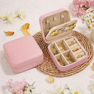 Travel Jewelry Organizer | Small Portable Jewelry Box Case | Birthday Christmas Gifts for Women | Jewellery Storage Holder for Ring Earring Necklace Organizer - Cute Pink